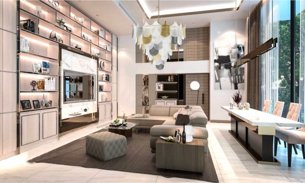 Modern living room lighting with Murano chandelier, abat jour and design floor lamp