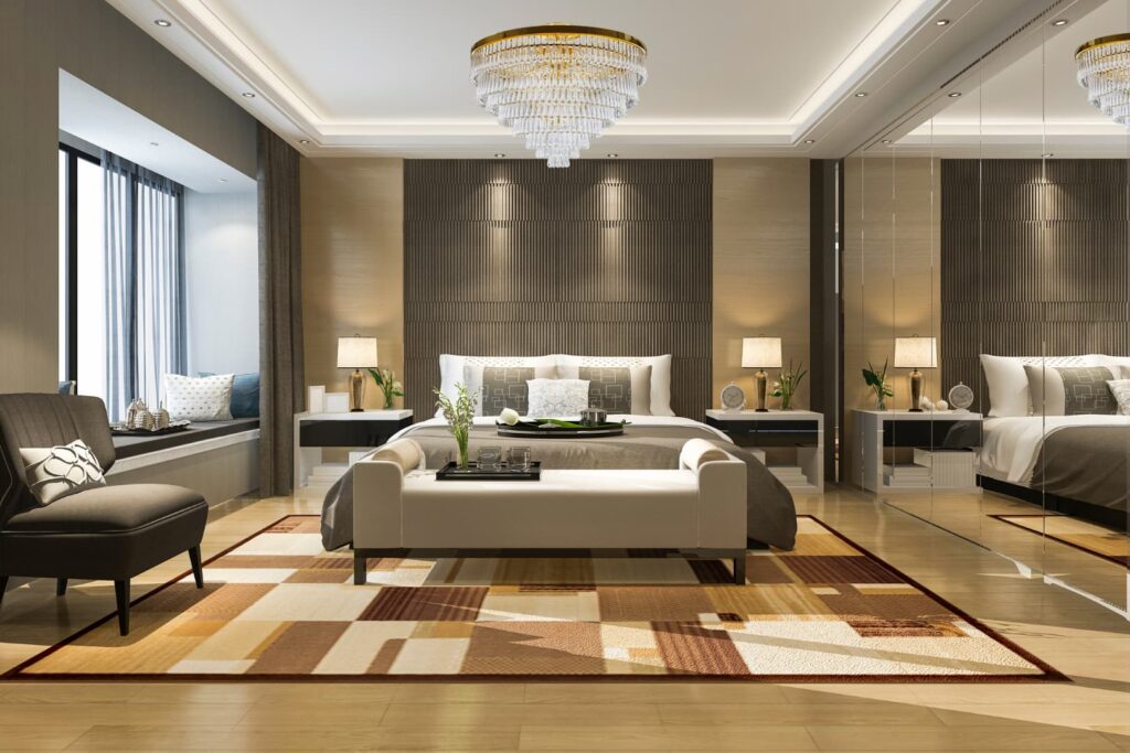 Modern bedroom lighting with large chandelier, spotlights and lampshades