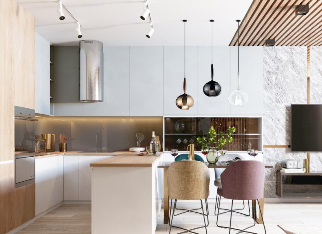 multiple colored suspensions for minimal modern kitchen lighting